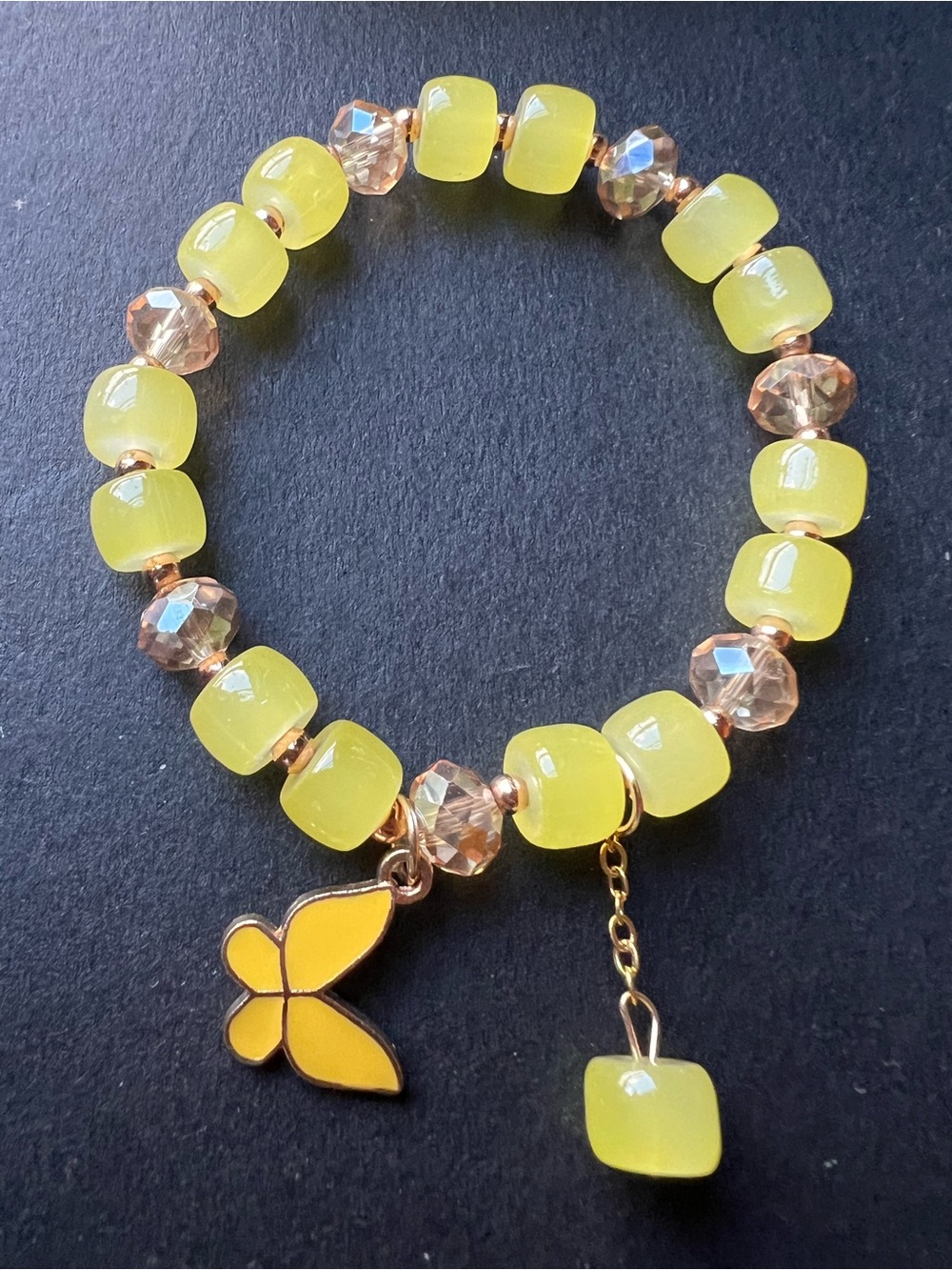 Yellow Butterfly Charm Glass Beaded Stretch Bracelet NWOT